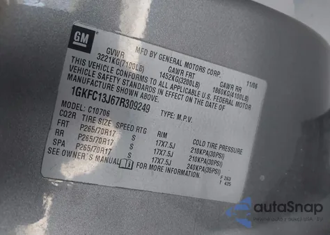 2007 GMC Yukon Slt из США, поврежденный, VIN 1GKFC13J67R309249